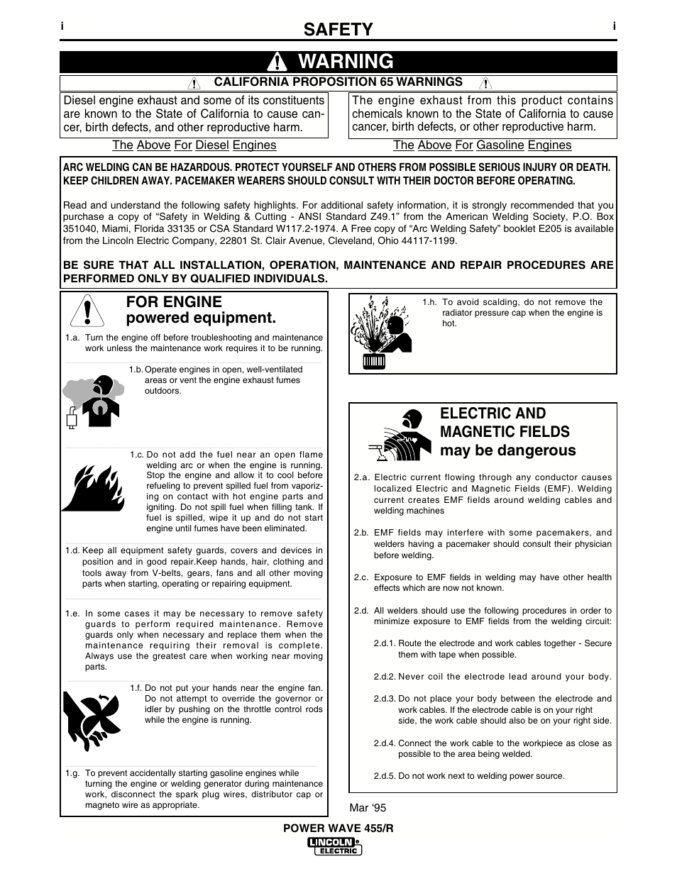Warning, Safety, For engine powered equipment | Electric and magnetic fields may be dangerous | Lincoln Electric IM690 POWER WAVE 455R User Manual | Page 2 / 45