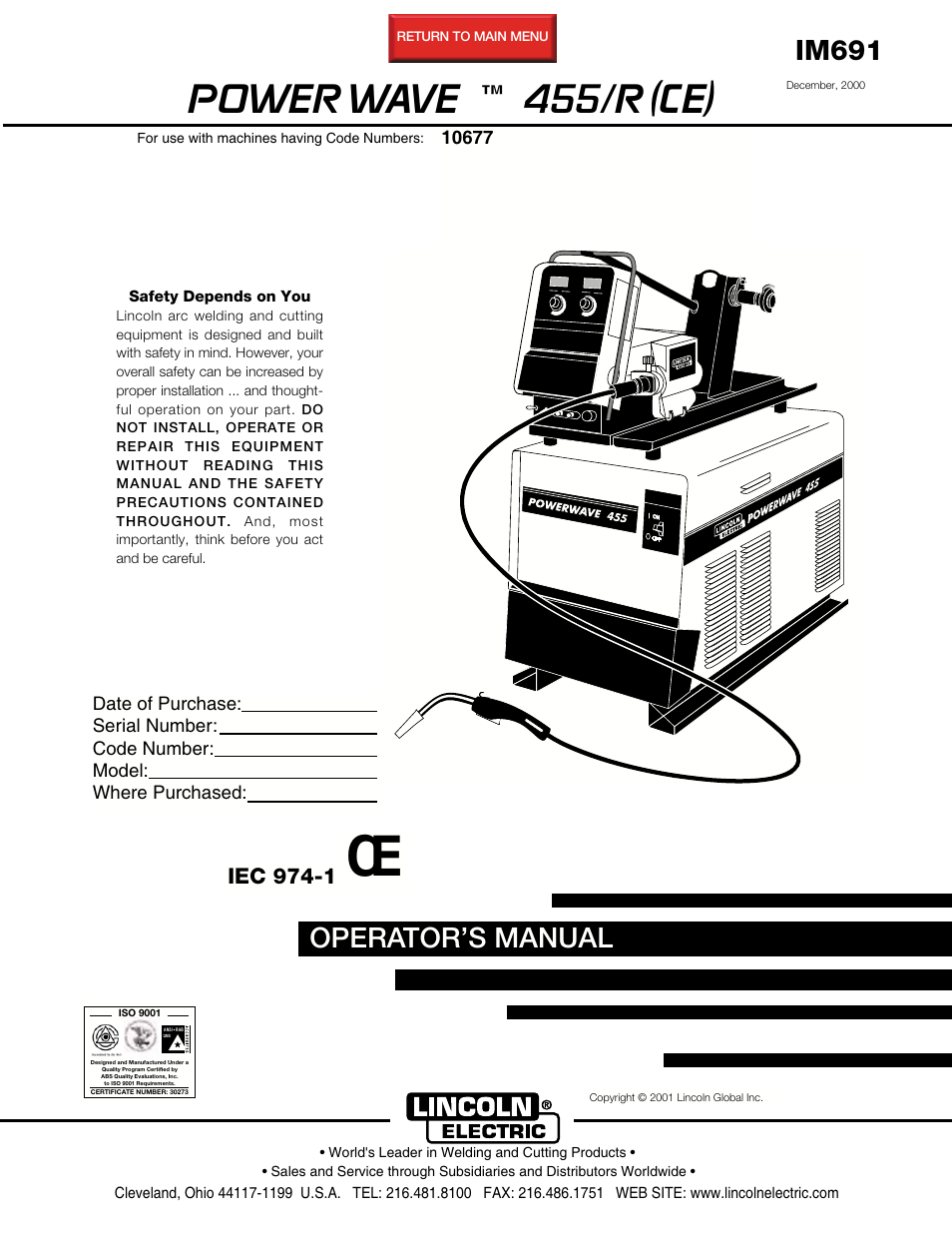 Lincoln Electric IM691 POWER WAVE 455R (CE) User Manual | 40 pages