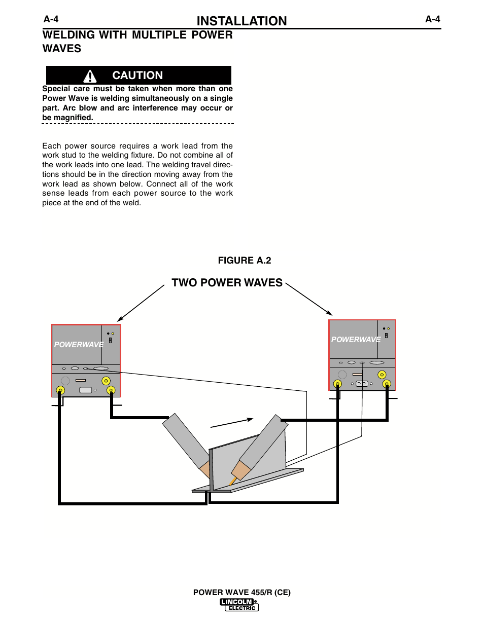 Installation, Welding with multiple power waves, Two power waves caution | Lincoln Electric IM691 POWER WAVE 455R (CE) User Manual | Page 11 / 40