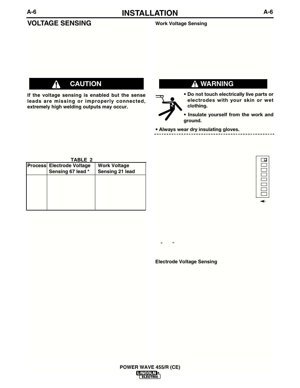 Installation, Voltage sensing, Warning | Caution | Lincoln Electric IM691 POWER WAVE 455R (CE) User Manual | Page 13 / 40