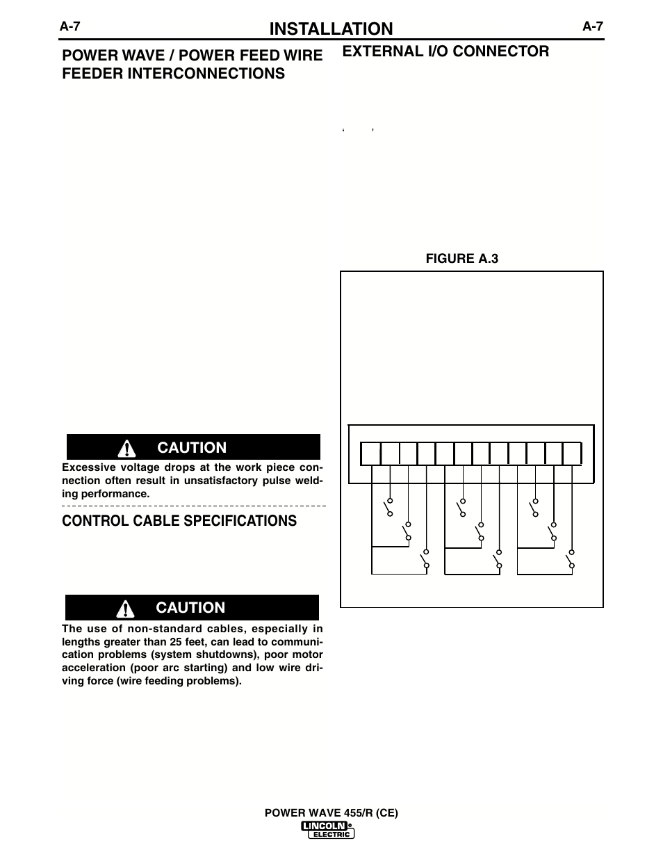 Installation, Control cable specifications, External i/o connector | Caution | Lincoln Electric IM691 POWER WAVE 455R (CE) User Manual | Page 14 / 40