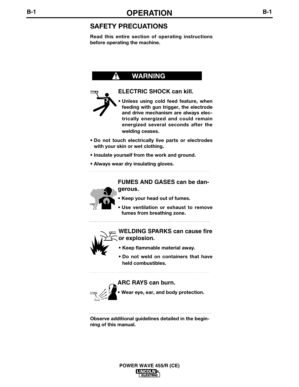 Operation, Safety precuations, Warning | Lincoln Electric IM691 POWER WAVE 455R (CE) User Manual | Page 17 / 40
