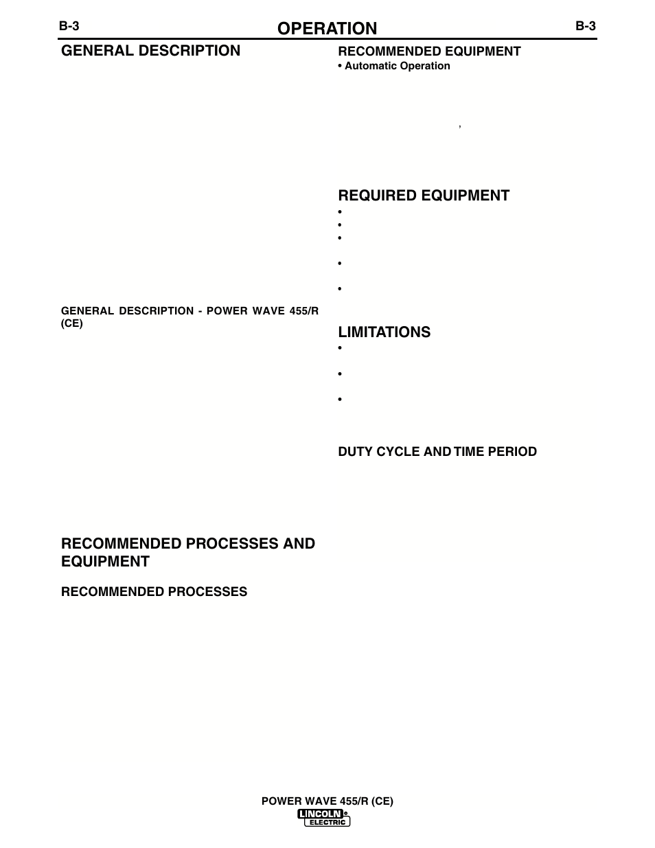 Operation, Required equipment, Limitations | General description, Recommended processes and equipment | Lincoln Electric IM691 POWER WAVE 455R (CE) User Manual | Page 19 / 40