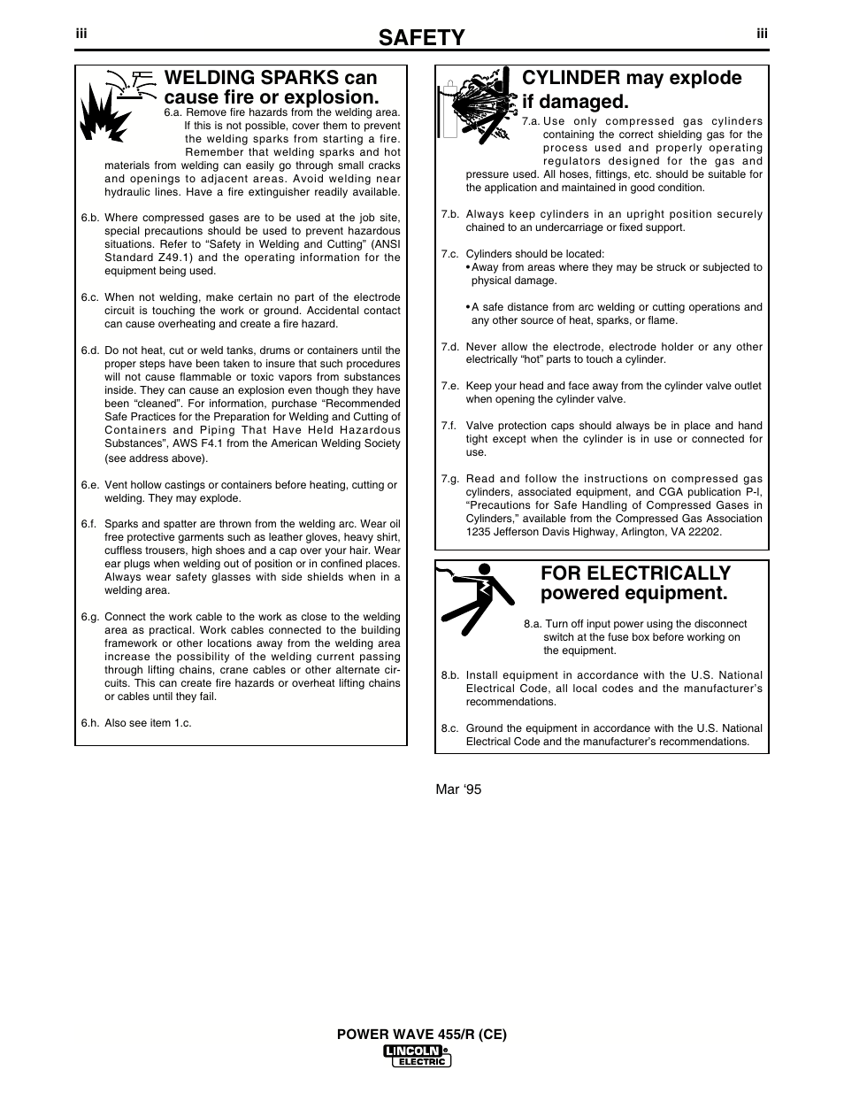 Safety, For electrically powered equipment, Cylinder may explode if damaged | Welding sparks can cause fire or explosion | Lincoln Electric IM691 POWER WAVE 455R (CE) User Manual | Page 4 / 40
