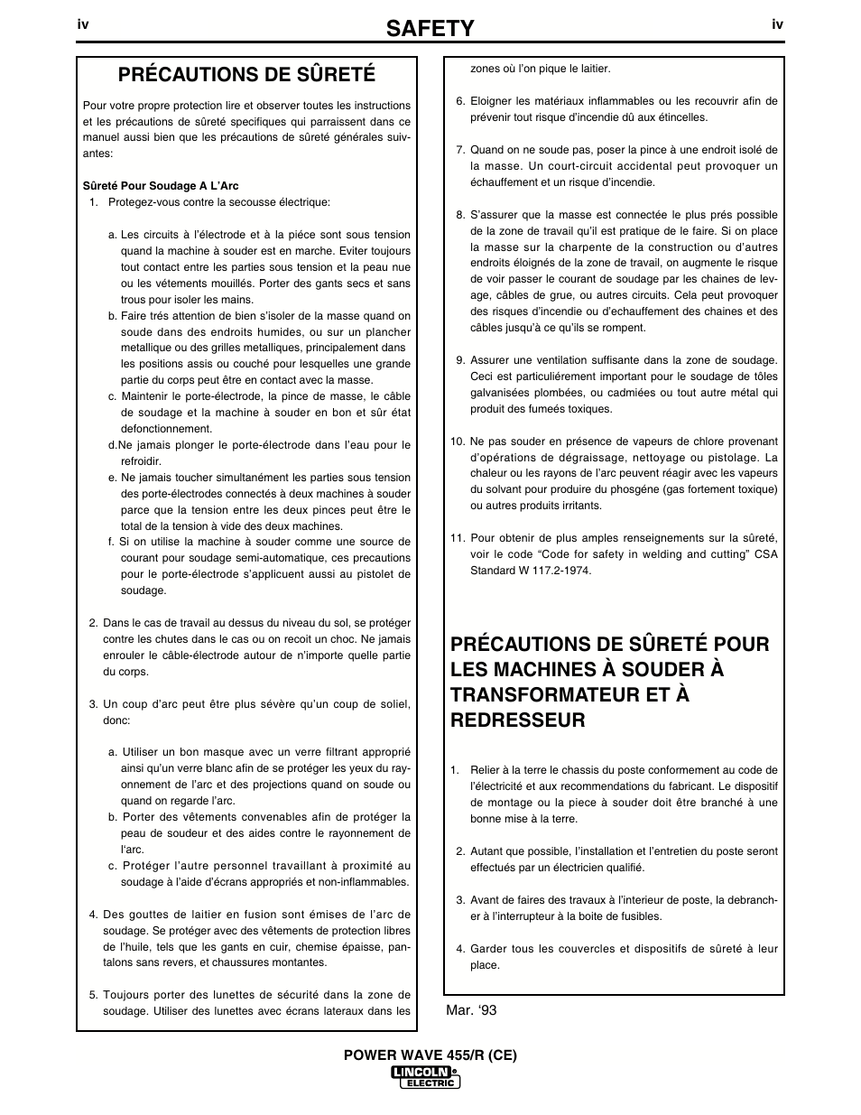 Safety, Précautions de sûreté | Lincoln Electric IM691 POWER WAVE 455R (CE) User Manual | Page 5 / 40