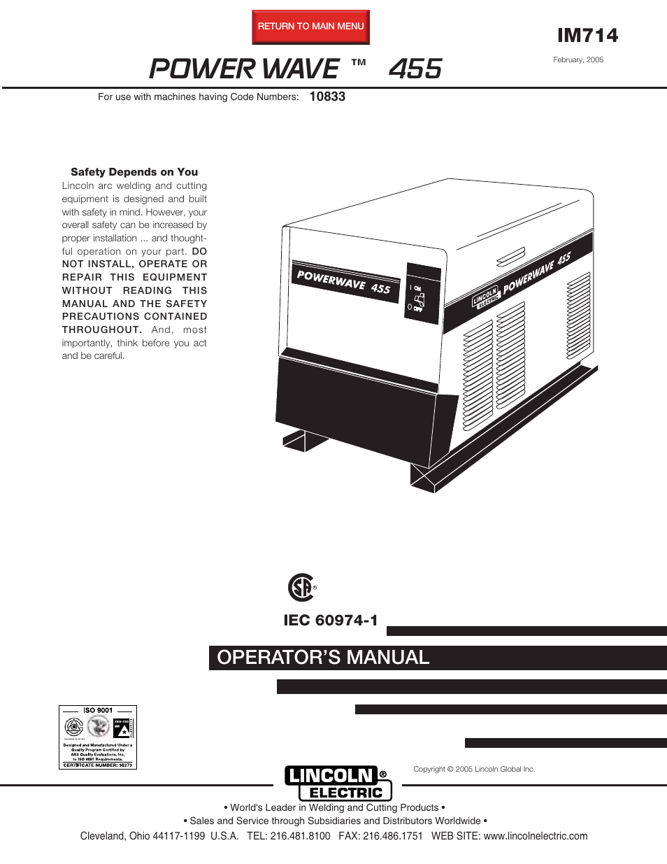 Lincoln Electric IM714 POWER WAVE 455 User Manual | 43 pages