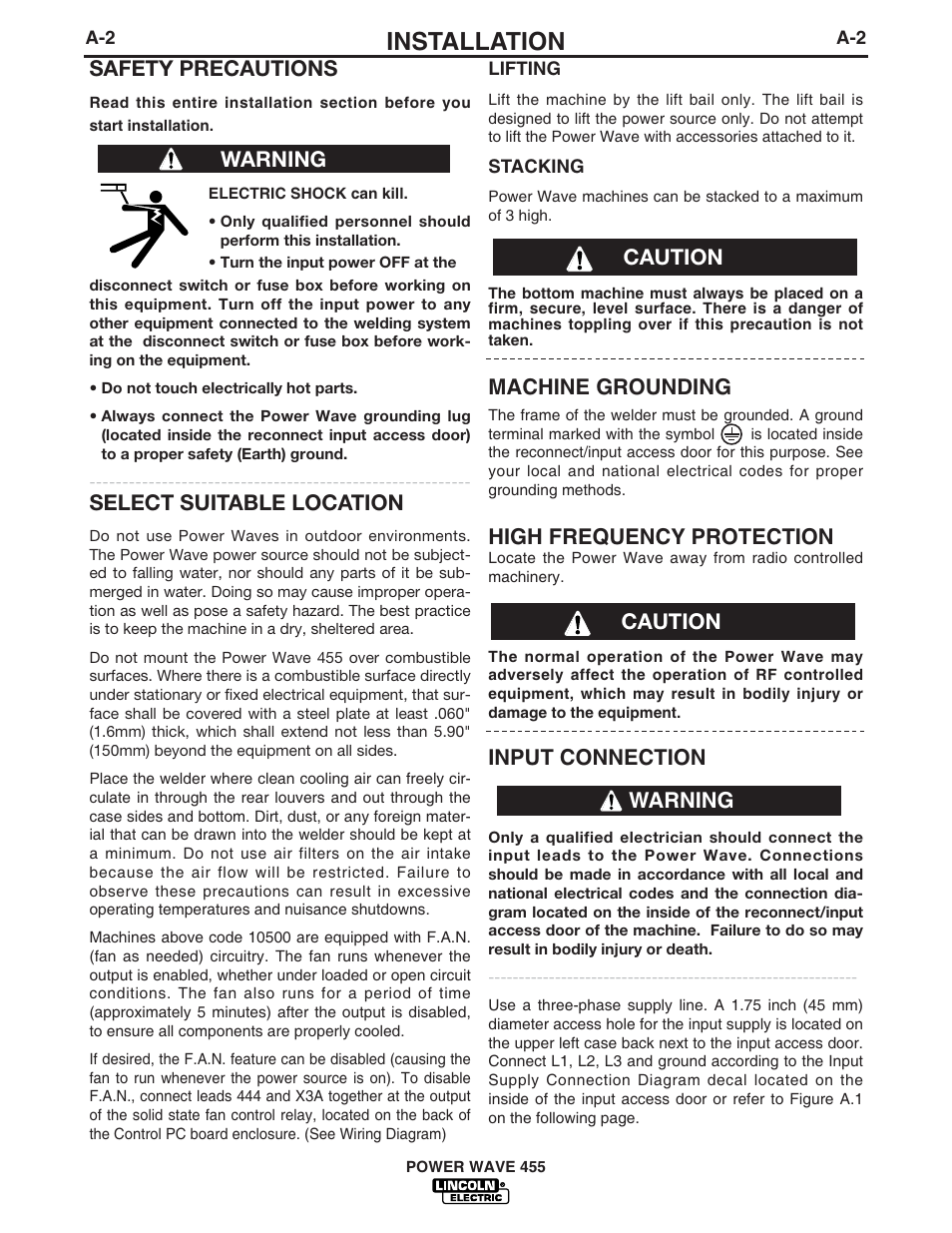 Installation, Machine grounding, High frequency protection | Input connection, Safety precautions, Select suitable location, Warning, Warning caution caution | Lincoln Electric IM714 POWER WAVE 455 User Manual | Page 10 / 43