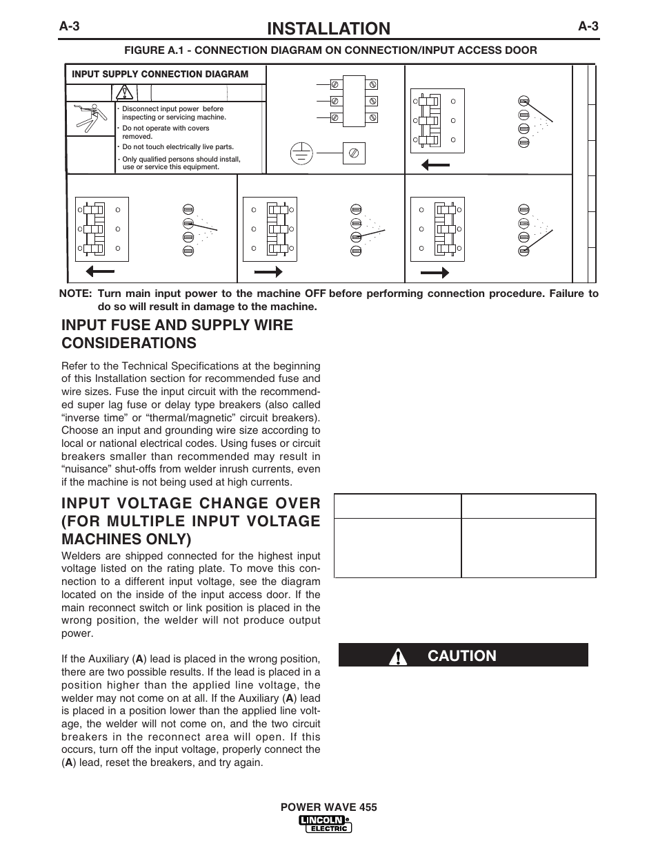 Installation, Input fuse and supply wire considerations, Electrode and work cable connections | Caution, 230v, 460v, Voltage, 575v, Warning | Lincoln Electric IM714 POWER WAVE 455 User Manual | Page 11 / 43