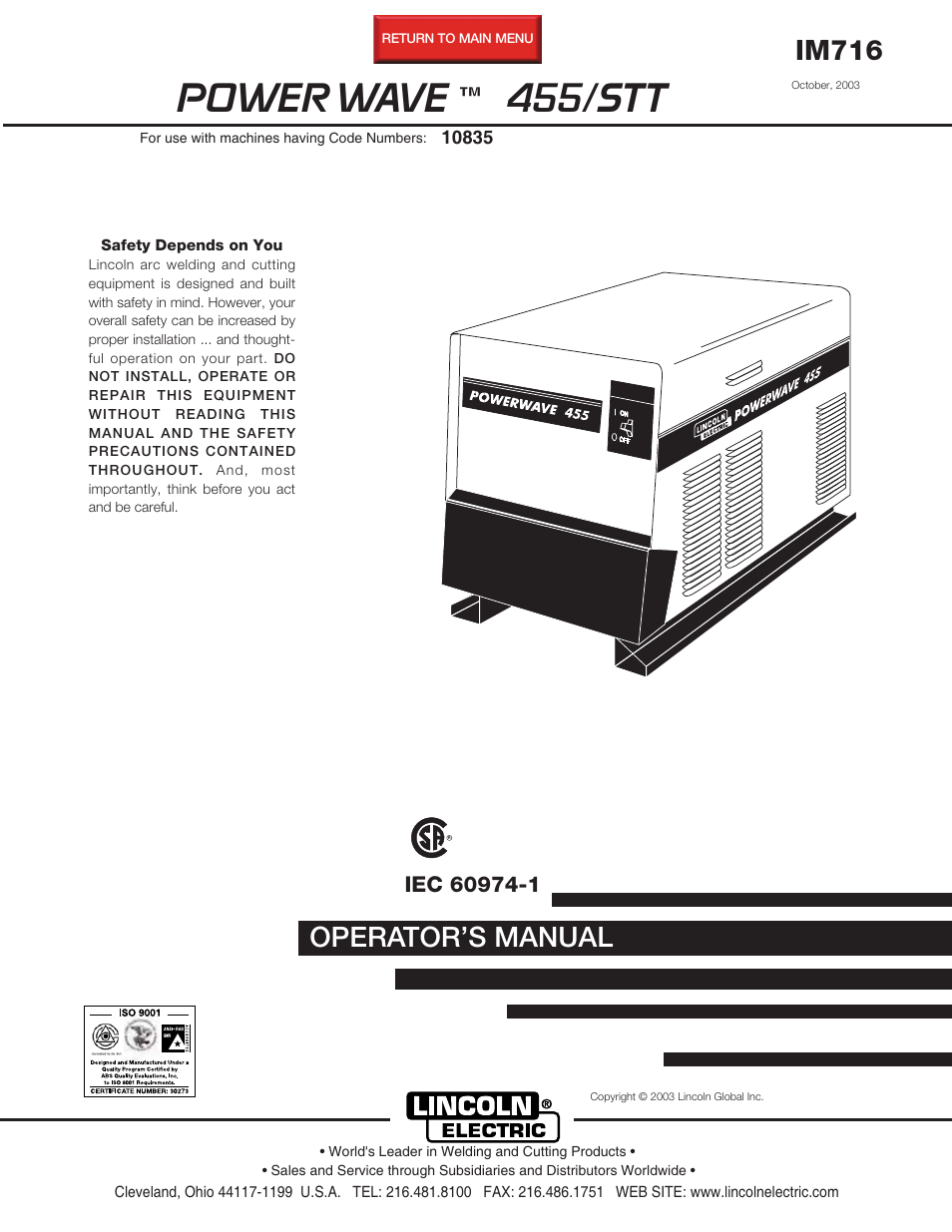 Lincoln Electric IM716 POWER WAVE 455STT User Manual | 46 pages