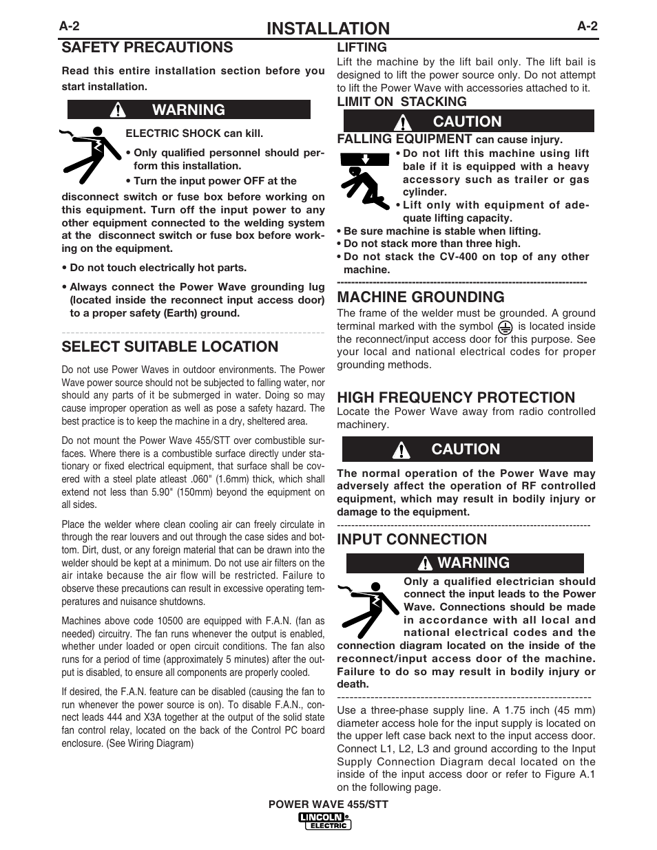 Installation, Machine grounding, High frequency protection | Input connection, Safety precautions, Select suitable location, Warning, Warning caution caution | Lincoln Electric IM716 POWER WAVE 455STT User Manual | Page 10 / 46