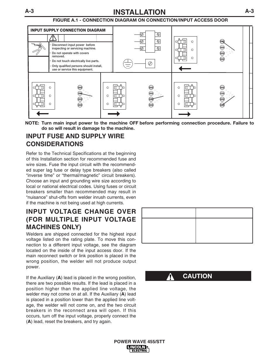 Installation, Input fuse and supply wire considerations, Electrode and work cable connections | Caution, 230v, 460v, Voltage, 575v, Warning | Lincoln Electric IM716 POWER WAVE 455STT User Manual | Page 11 / 46