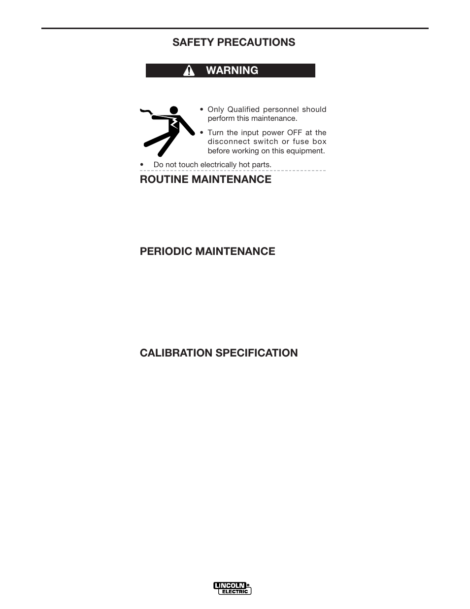 Maintenance, Safety precautions, Routine maintenance | Periodic maintenance, Calibration specification, Warning | Lincoln Electric IM716 POWER WAVE 455STT User Manual | Page 31 / 46