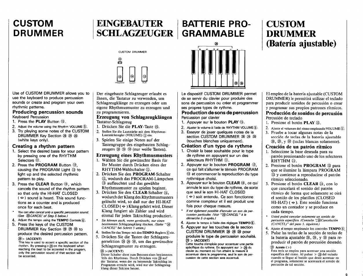 Producing percussion sounds, Creating a rhythm pattern, Erzeugung von schlagzeugklängen | Erzeugung eines rhythmusmusters, Production de sons de percussion, Création d'un type de rythme, Producción de sonidos de percusión, Creación de un patrón rítmico, Eingebauter schlagzeuger, Custom drummer (batería ajustable) | Yamaha PSR-22 User Manual | Page 11 / 20