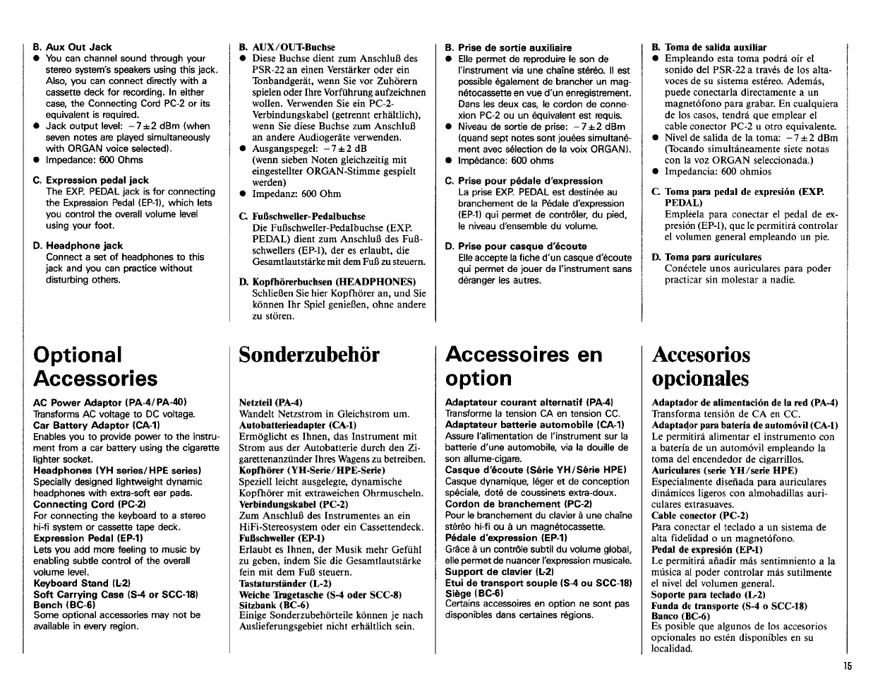 Sonderzubehör, Accesorios opcionales, Optional accessories | Accessoires en option | Yamaha PSR-22 User Manual | Page 17 / 20