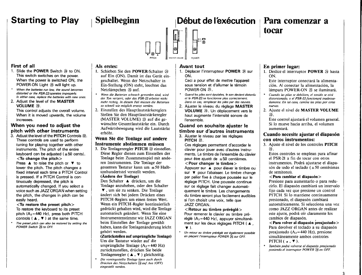 Als erstes, I avant tout, Starting to play i spielbeginn | Para comenzar a tocar, Début de texécution | Yamaha PSR-22 User Manual | Page 5 / 20