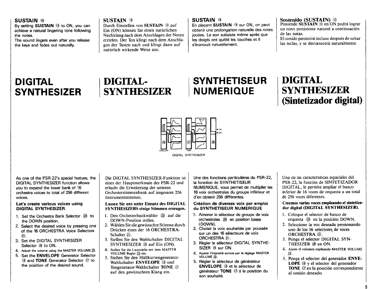 Sustain i, Sustain m, Sustain h | Sostenido (sustain), Digital- synthesizer, Digital synthesizer (sìntetìzador digital), Digital synthesizer, Synthetiseur numerique | Yamaha PSR-22 User Manual | Page 7 / 20