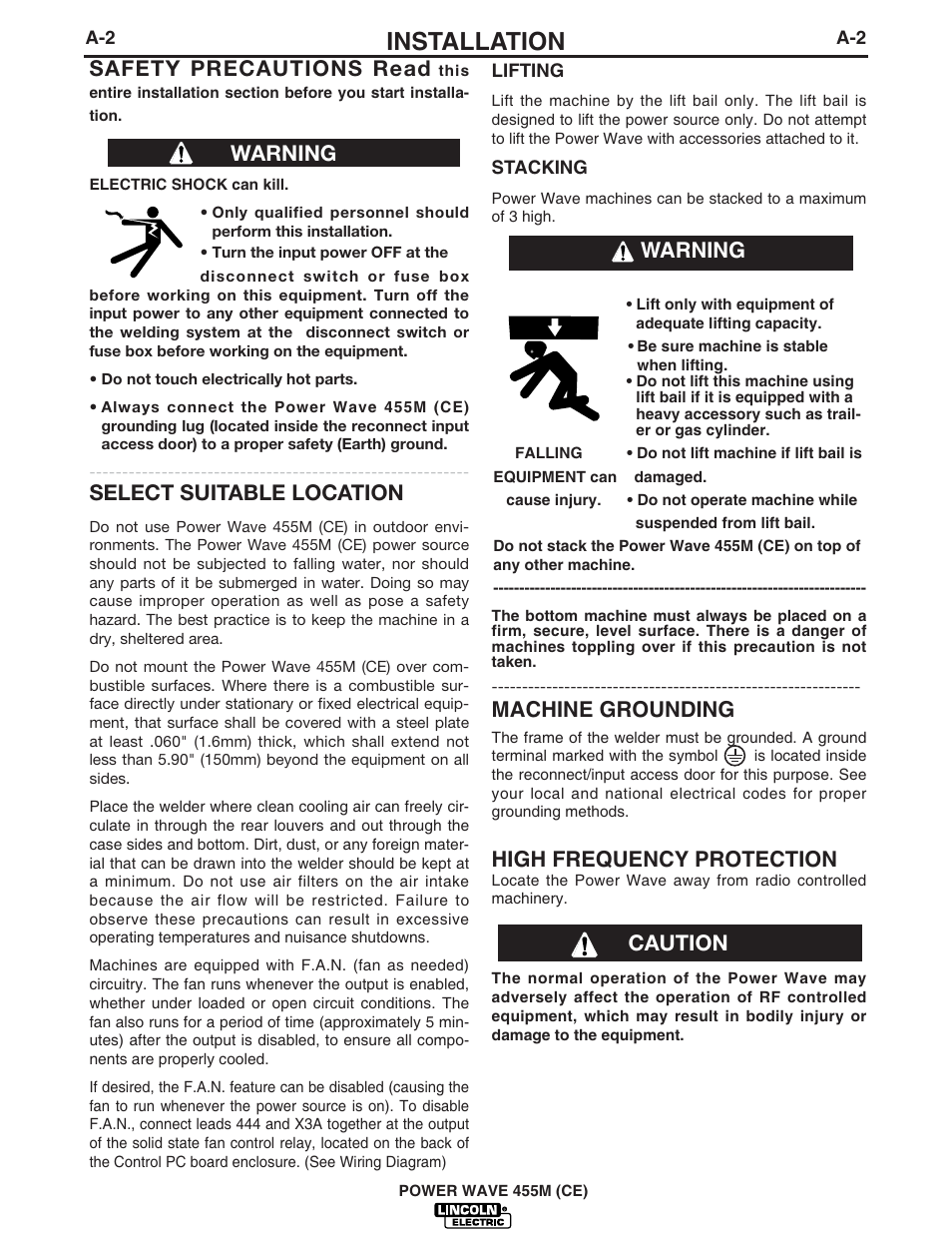 Installation, Machine grounding, High frequency protection | Safety precautions read, Select suitable location, Warning caution, Warning | Lincoln Electric IM807 POWER WAVE 455M User Manual | Page 12 / 42