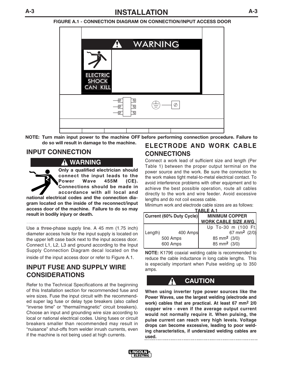 Installation, Input connection, Input fuse and supply wire considerations | Warning, Electrode and work cable connections, Caution | Lincoln Electric IM807 POWER WAVE 455M User Manual | Page 13 / 42