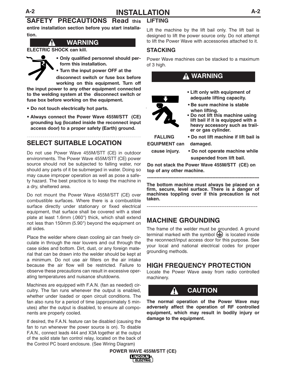 Installation, Machine grounding, High frequency protection | Safety precautions read, Select suitable location, Warning, Warning caution | Lincoln Electric IM808 POWER WAVE 455M_STT User Manual | Page 12 / 46