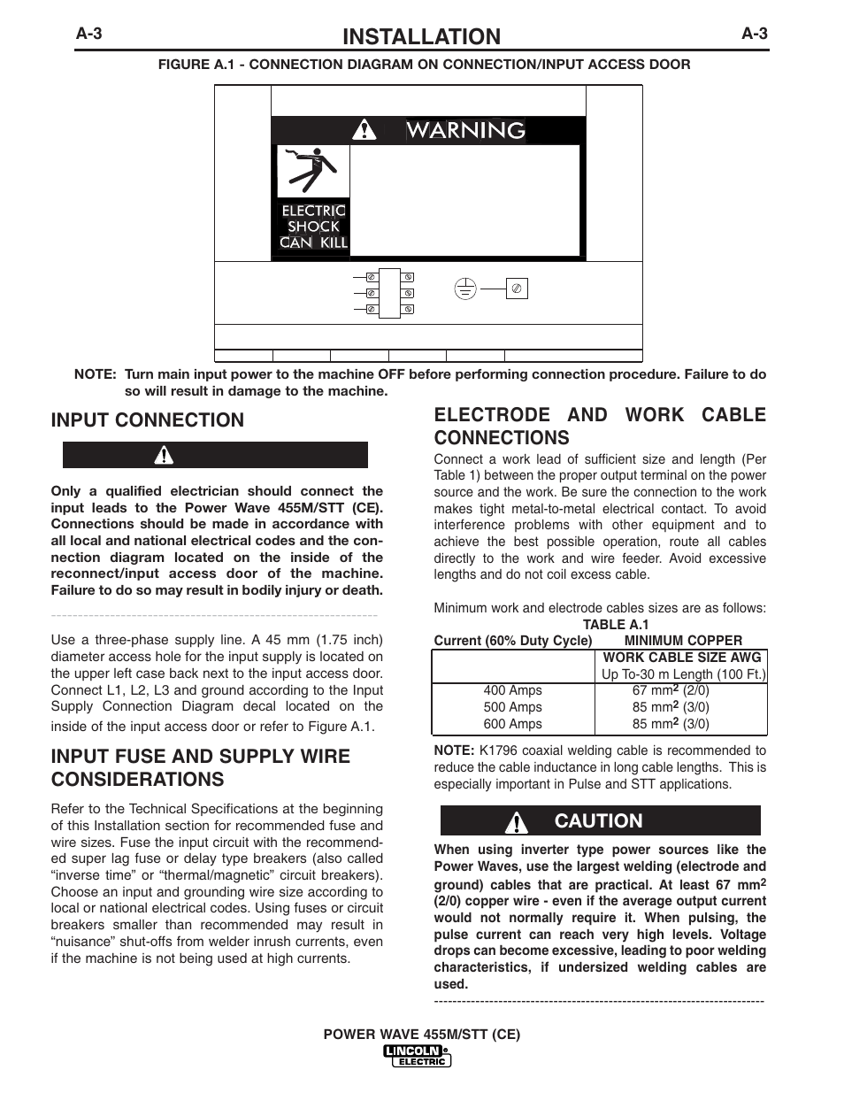 Installation, Input connection, Input fuse and supply wire considerations | Electrode and work cable connections, Caution, Warning | Lincoln Electric IM808 POWER WAVE 455M_STT User Manual | Page 13 / 46