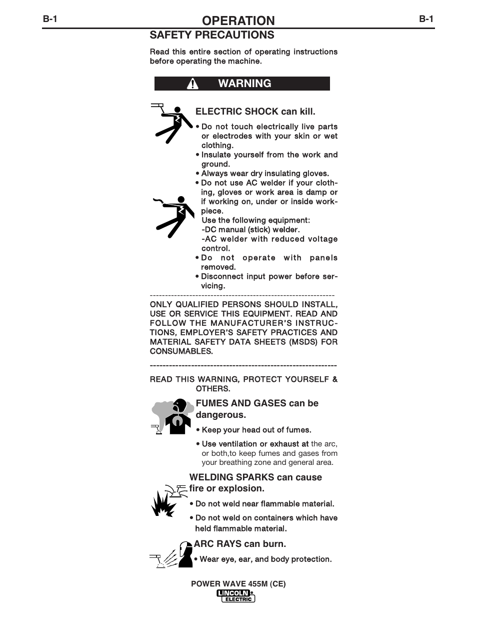 Operation, Safety precautions, Warning | Lincoln Electric IM905 POWER WAVE 455M User Manual | Page 21 / 43