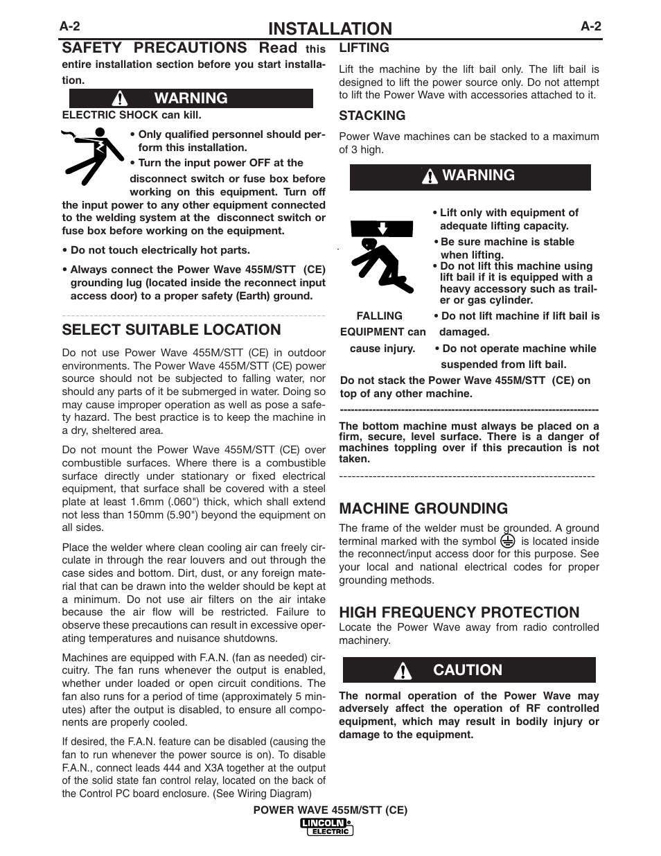 Installation, Machine grounding, High frequency protection | Safety precautions read, Select suitable location, Warning, Warning caution | Lincoln Electric IM924 POWER WAVE 455M_STT User Manual | Page 12 / 45