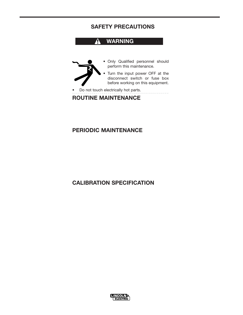 Maintenance, Safety precautions, Routine maintenance | Periodic maintenance, Calibration specification, Warning | Lincoln Electric IM924 POWER WAVE 455M_STT User Manual | Page 31 / 45