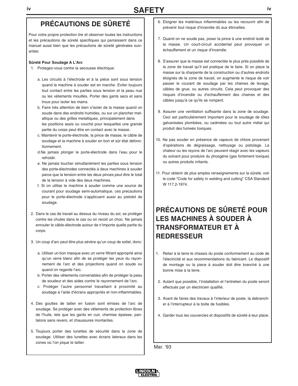 Safety, Précautions de sûreté | Lincoln Electric IM924 POWER WAVE 455M_STT User Manual | Page 5 / 45