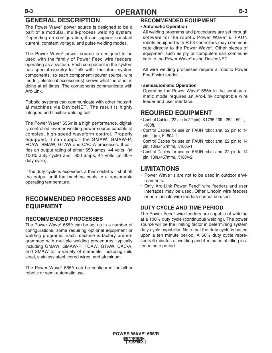 Operation, Required equipment, Limitations | General description, Recommended processes and equipment, Recommended equipment, Duty cycle and time period, Recommended processes | Lincoln Electric IM713 POWER WAVE 655R User Manual | Page 20 / 44