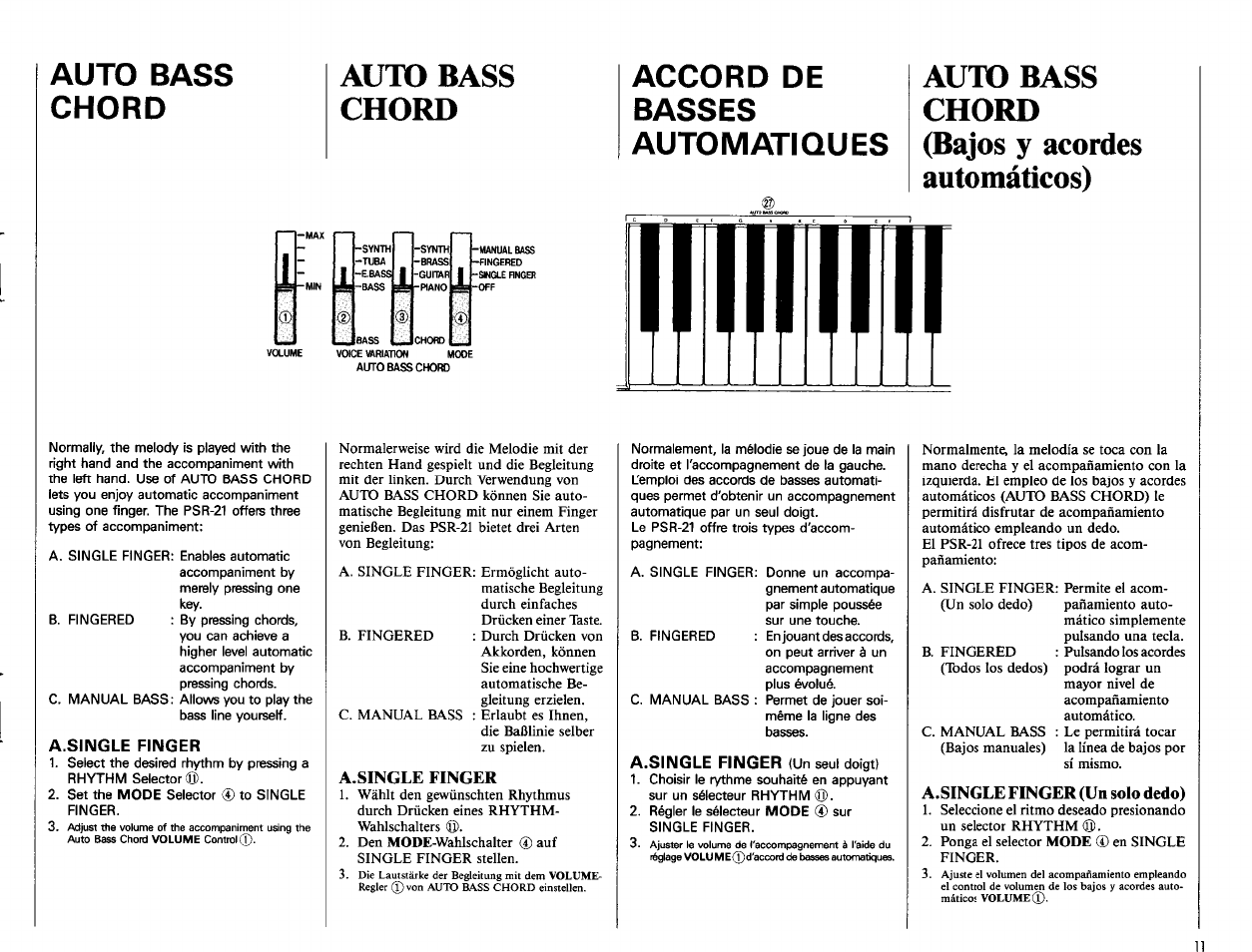 A.single finger, A.single finger (un solo dedo), Auto bass chord (bajos y acordes automáticos) | Auto bass chord, Accord de basses automatiques | Yamaha PSR-21 User Manual | Page 13 / 20