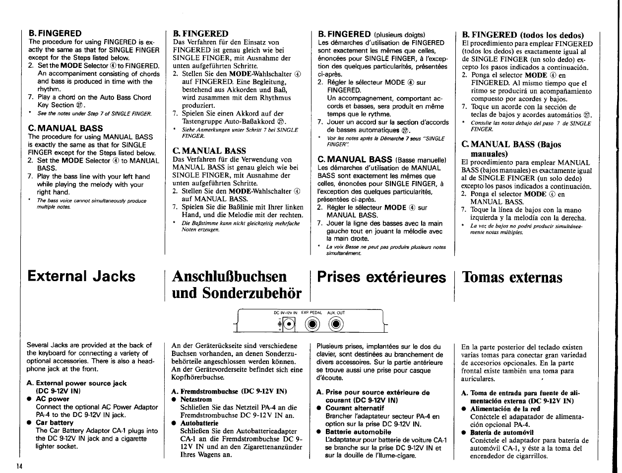 B. fingered, C. manual bass, C manual bass | B. fingered (todos los dedos), C manual bass (bajos manuales), External jacks, Anschlußbuchsen und sonderzubehör, Prises extérieures, Tomas externas | Yamaha PSR-21 User Manual | Page 16 / 20