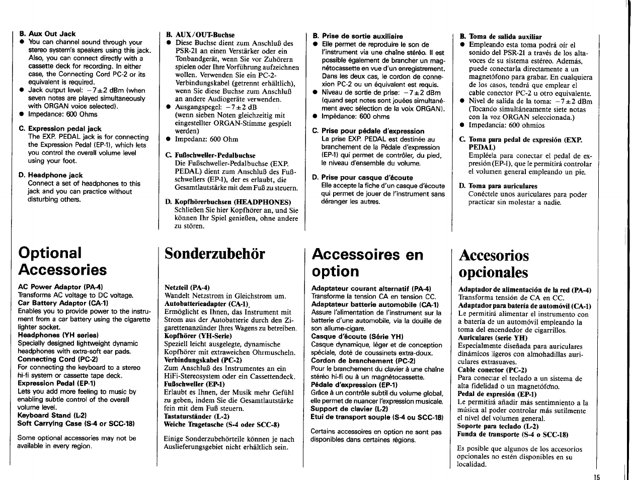 Optional, Accessories, Sonderzubehör | Accessoires en option, Accesorios, Opcionales, Accesorios opcionales, Optional accessories | Yamaha PSR-21 User Manual | Page 17 / 20