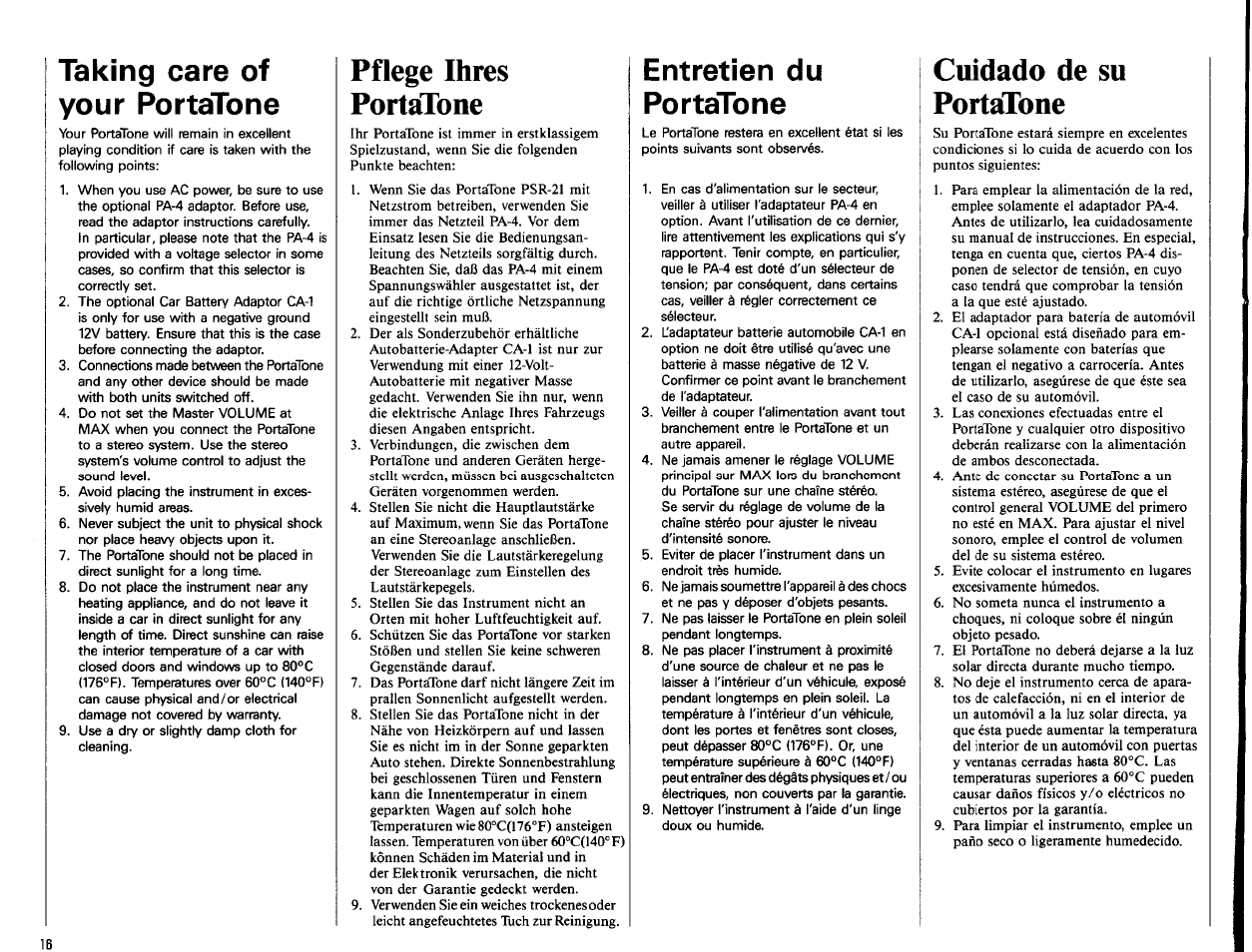 Taking care of your portatone, Pflege ihres portatone, Entretien du portatone | Cuidado de su portatone, Pflege des portatone | Yamaha PSR-21 User Manual | Page 18 / 20