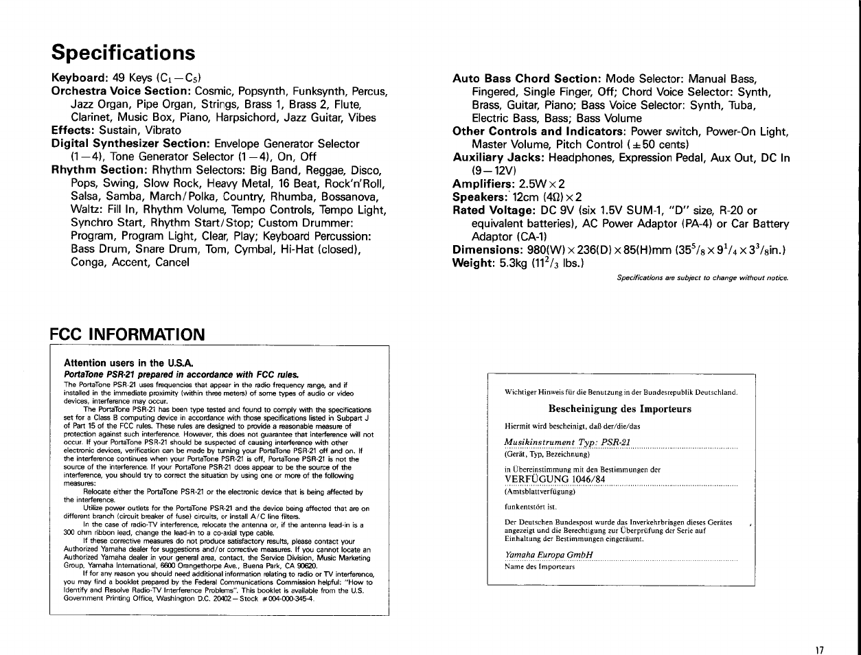 Specifications, Amplifiers: 2.5wx2, Fcc information | Yamaha PSR-21 User Manual | Page 19 / 20
