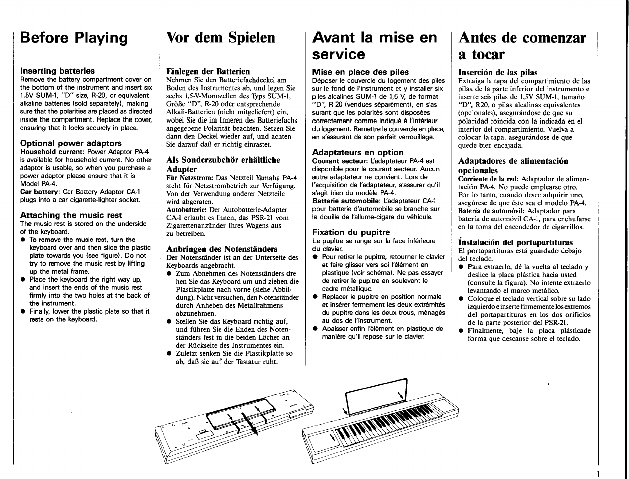 Before playing, Inserting batteries, Attaching the music rest | Vor dem spielen, Einlegen der batterien, Als sonderzubehör erhältliche adapter, Anbringen des notenständers, Avant la mise en service, Mise en place des piles, Adaptateurs en option | Yamaha PSR-21 User Manual | Page 3 / 20