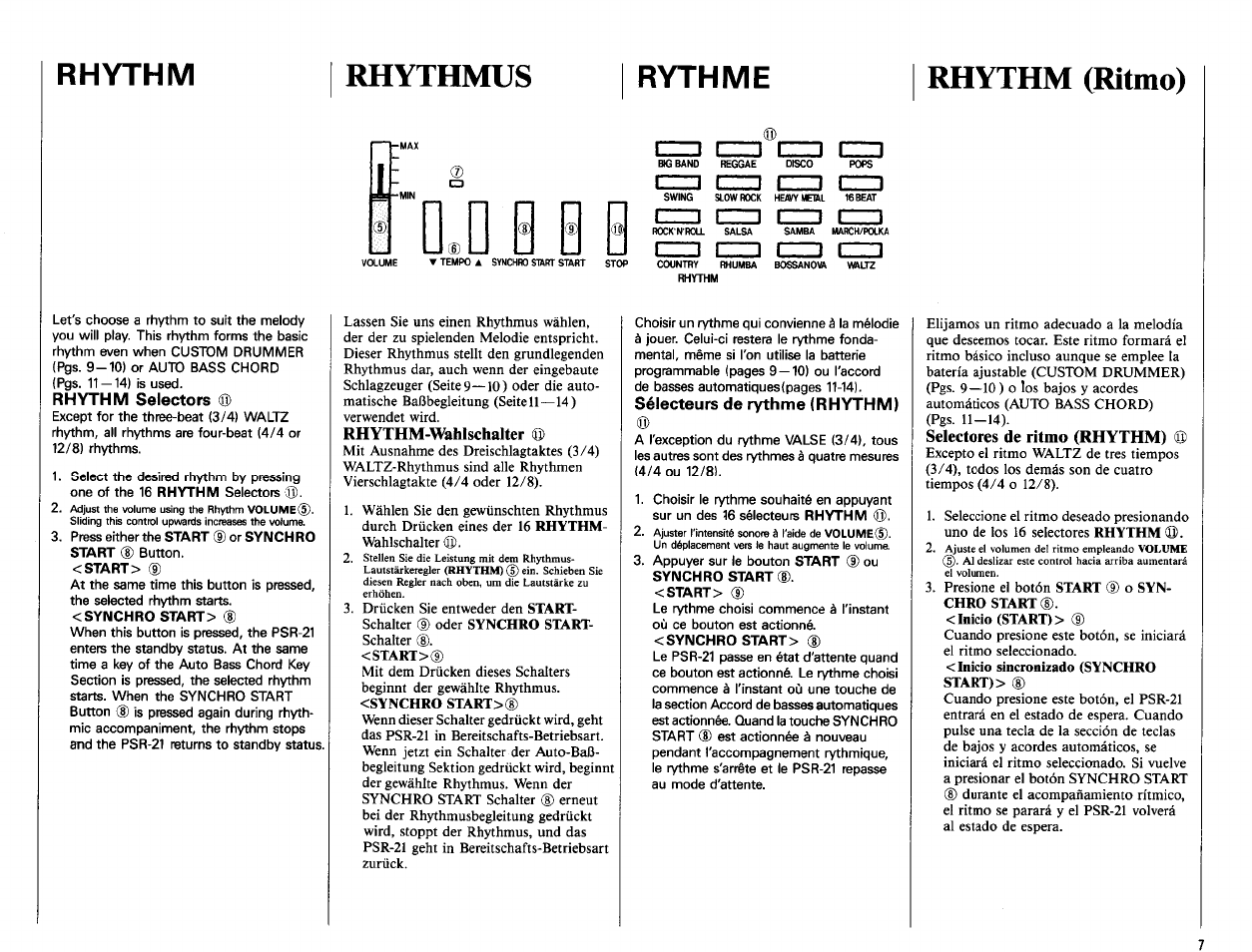 Rhythm, Rhythmus, Rythme | Rhythm (ritmo), Rhythm-wahlschalter, D .»d | Yamaha PSR-21 User Manual | Page 9 / 20