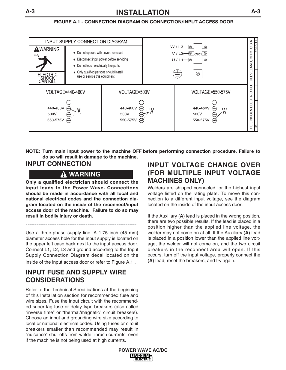 Installation, Input connection, Input fuse and supply wire considerations | Warning | Lincoln Electric IM718 POWER WAVE AC_DC User Manual | Page 10 / 48