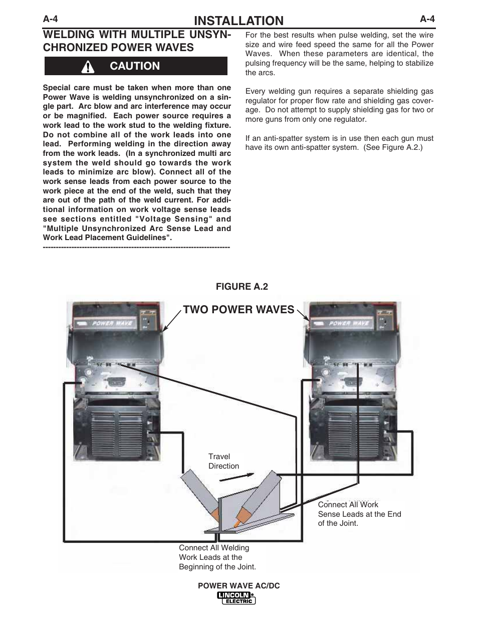 Installation, Welding with multiple unsyn- chronized power waves, Two power waves | Caution | Lincoln Electric IM718 POWER WAVE AC_DC User Manual | Page 11 / 48