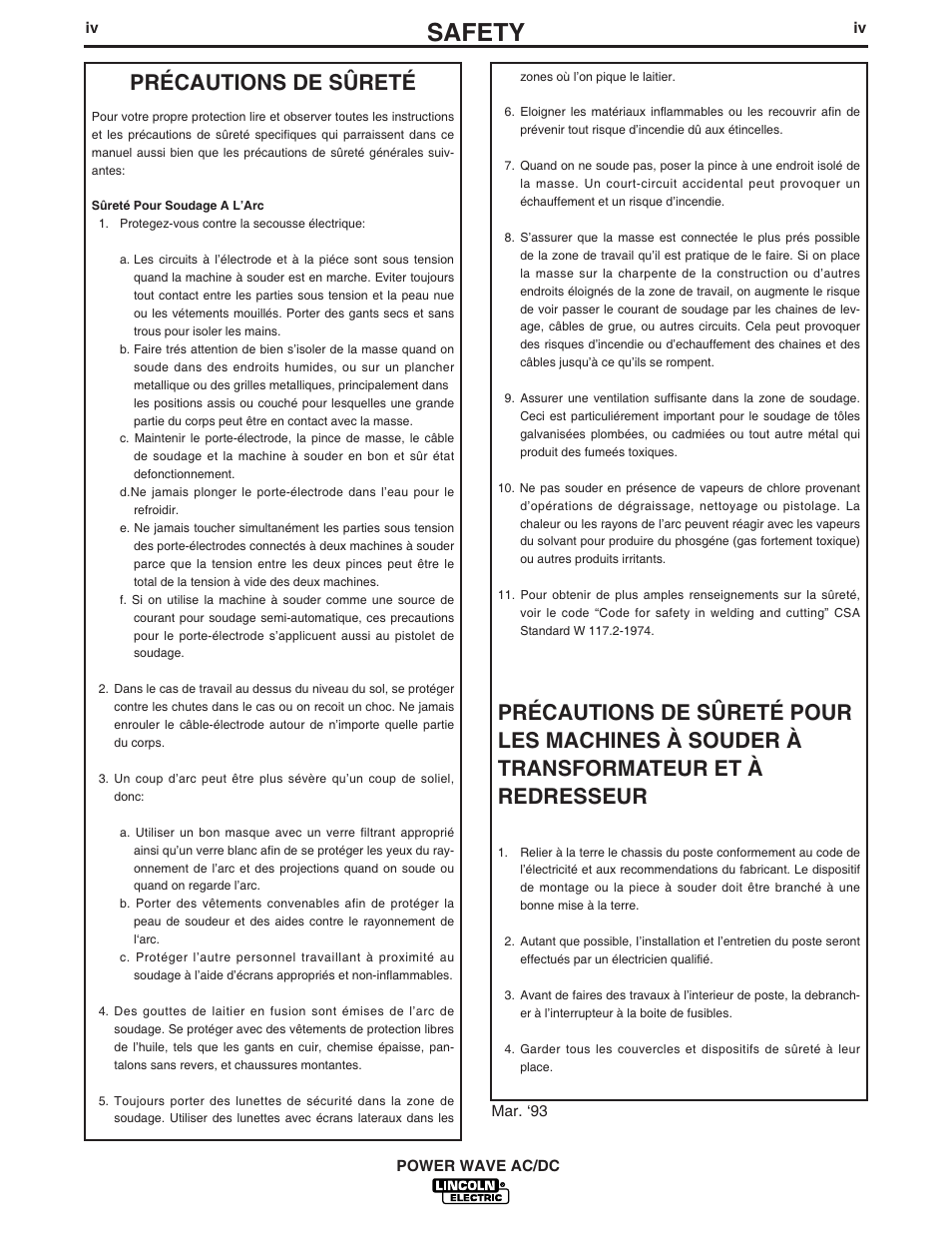 Safety, Précautions de sûreté | Lincoln Electric IM718 POWER WAVE AC_DC User Manual | Page 5 / 48