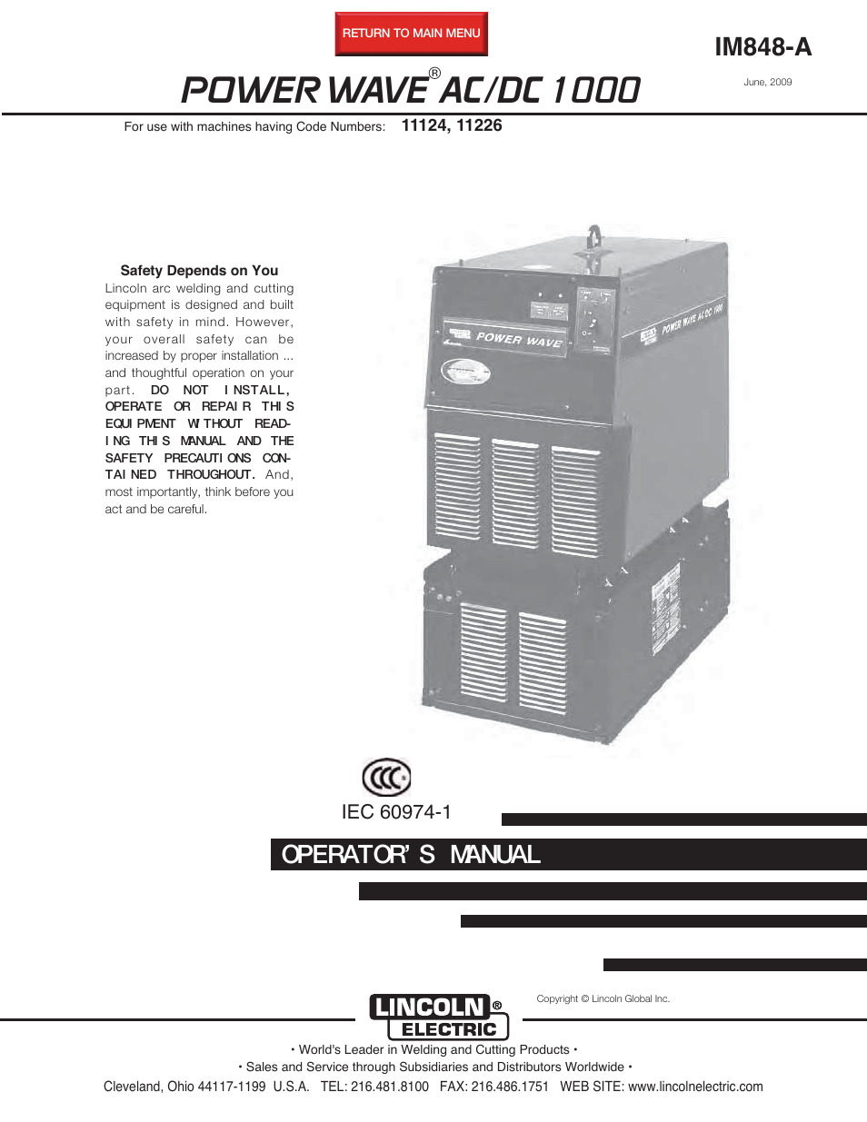 Lincoln Electric IM848 POWER WAVE AC_DC 1000 User Manual | 74 pages