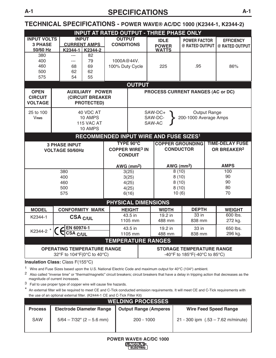 Specifications, Technical specifications | Lincoln Electric IM848 POWER WAVE AC_DC 1000 User Manual | Page 11 / 74