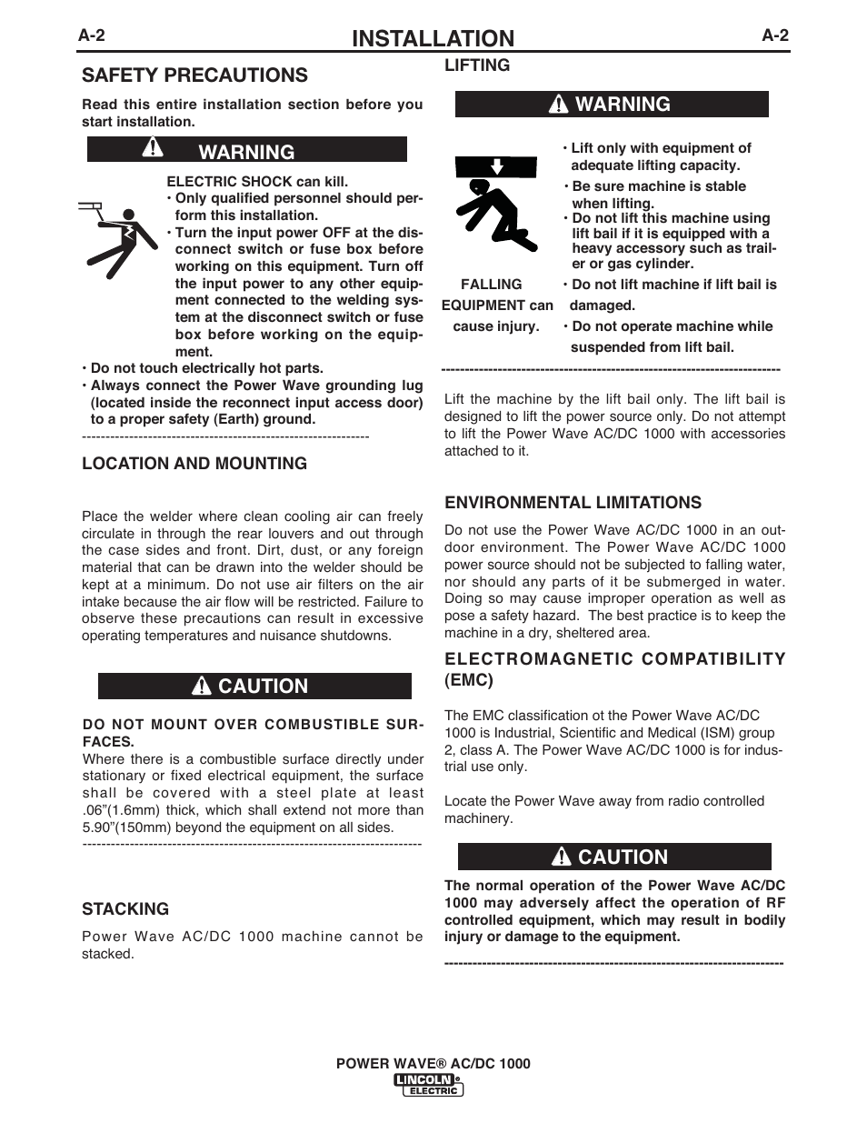 Installation, Safety precautions, Warning | Caution, Warning caution | Lincoln Electric IM848 POWER WAVE AC_DC 1000 User Manual | Page 12 / 74