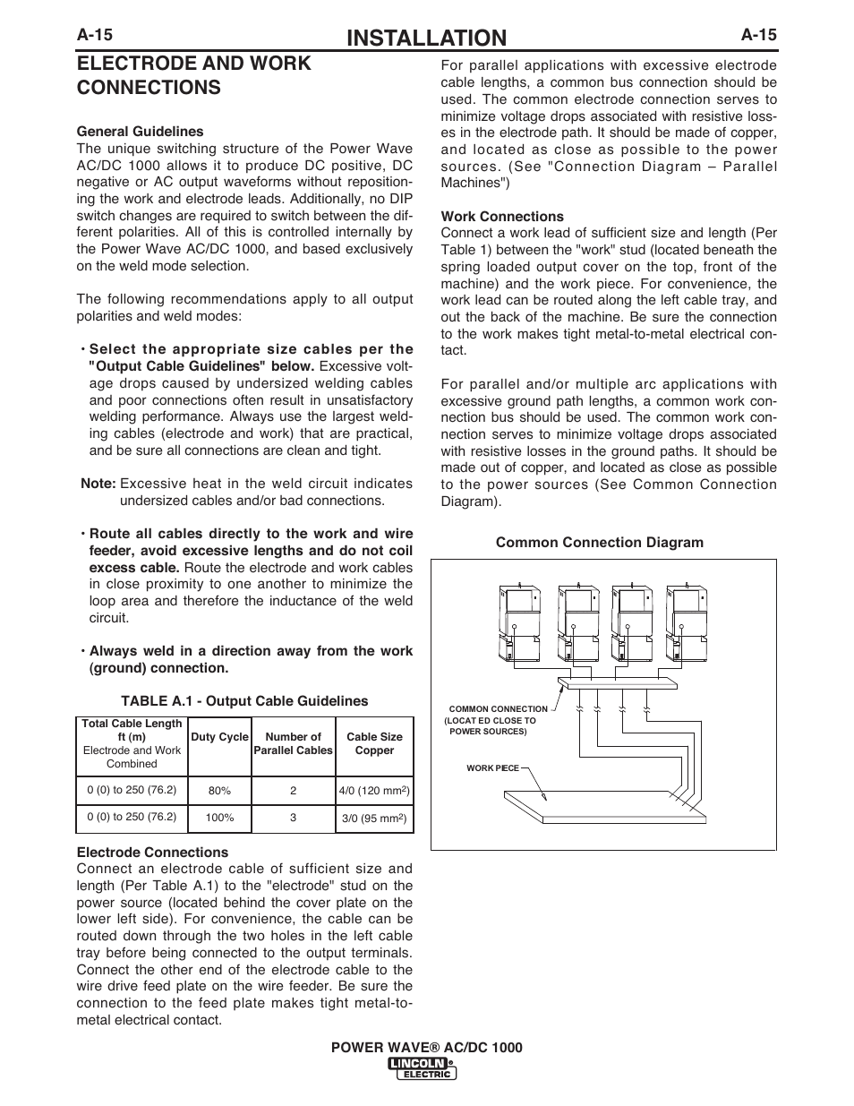 Installation, Electrode and work connections, A-15 | Lincoln Electric IM848 POWER WAVE AC_DC 1000 User Manual | Page 25 / 74