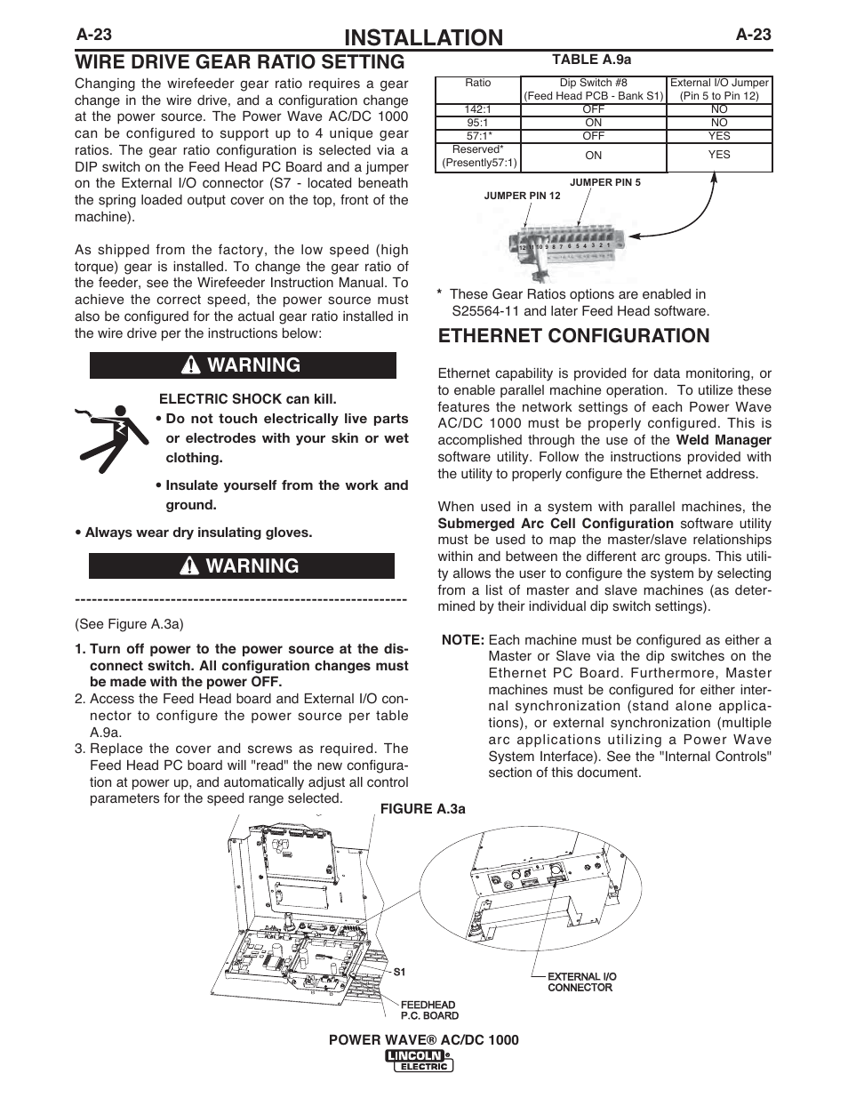 Installation, Wire drive gear ratio setting, Warning | Ethernet configuration, A-23 | Lincoln Electric IM848 POWER WAVE AC_DC 1000 User Manual | Page 33 / 74