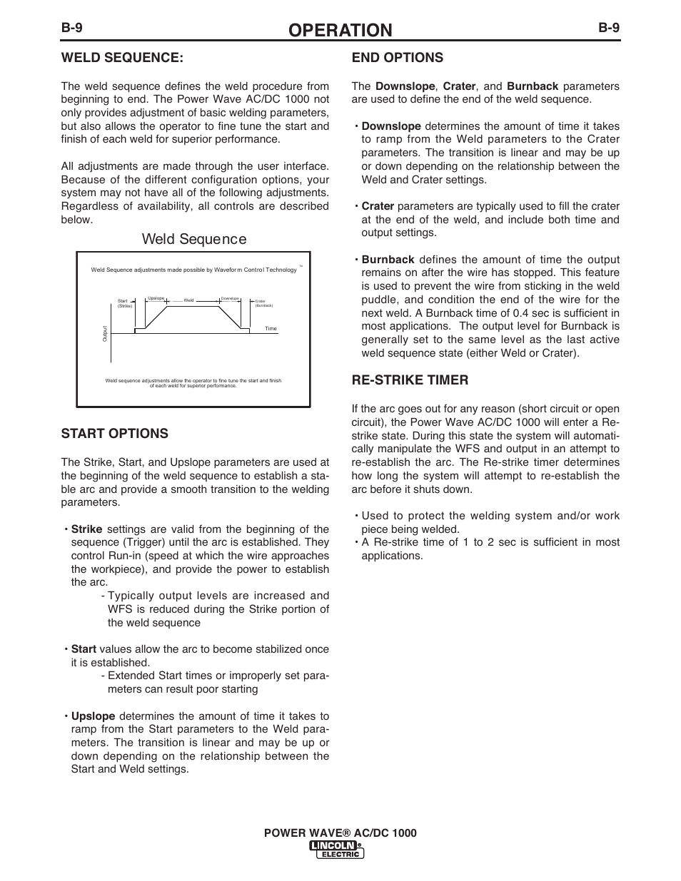 Operation, Weld sequence, B-9 weld sequence | Start options, End options, Re-strike timer | Lincoln Electric IM848 POWER WAVE AC_DC 1000 User Manual | Page 47 / 74