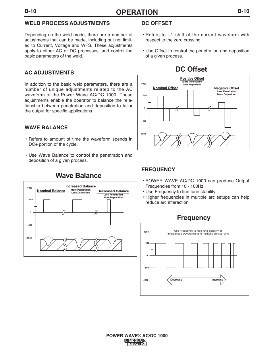 Operation, B-10, B-10 weld process adjustments | Ac adjustments, Wave balance, Dc offset, Frequency | Lincoln Electric IM848 POWER WAVE AC_DC 1000 User Manual | Page 48 / 74