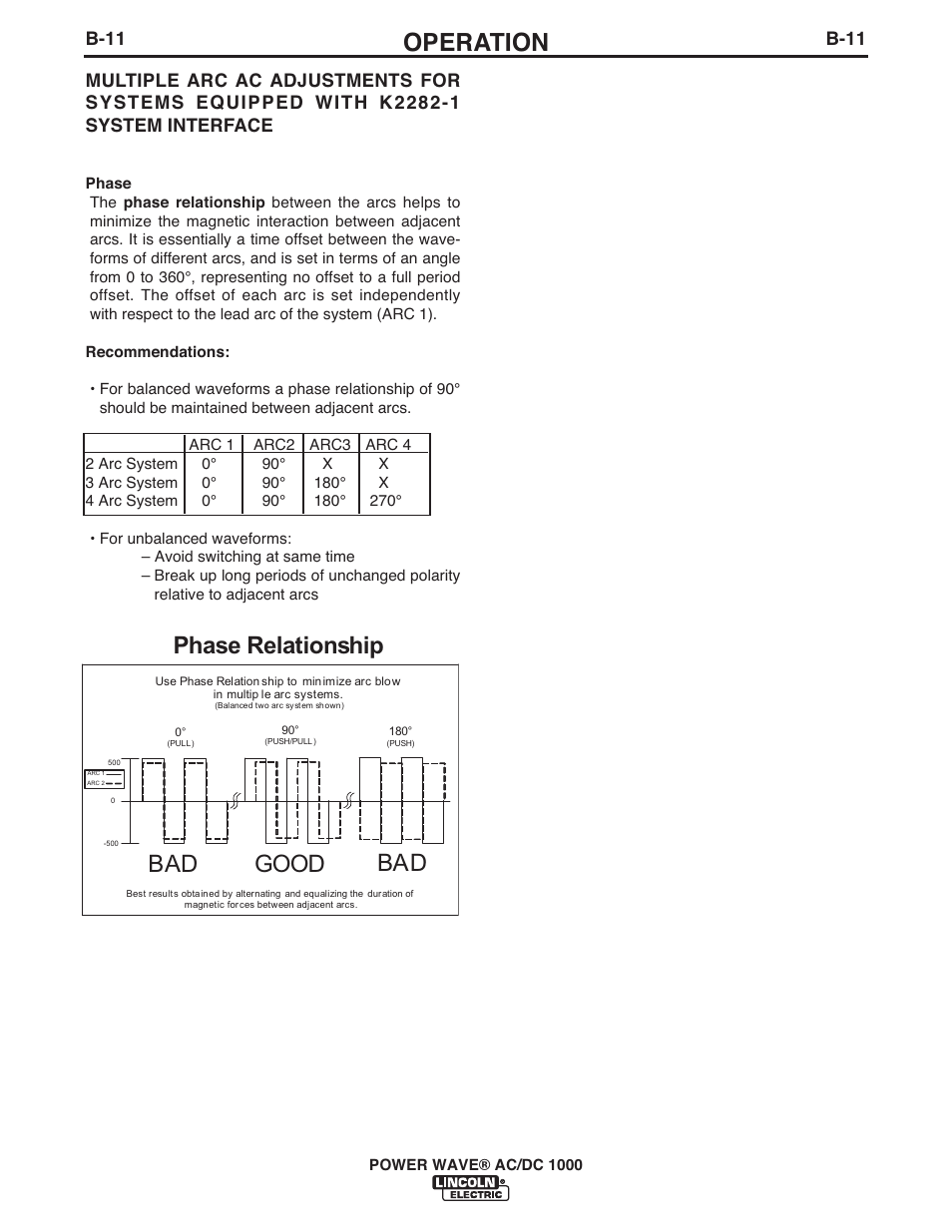 Operation, Phase relationship, Bad good bad | B-11 | Lincoln Electric IM848 POWER WAVE AC_DC 1000 User Manual | Page 49 / 74