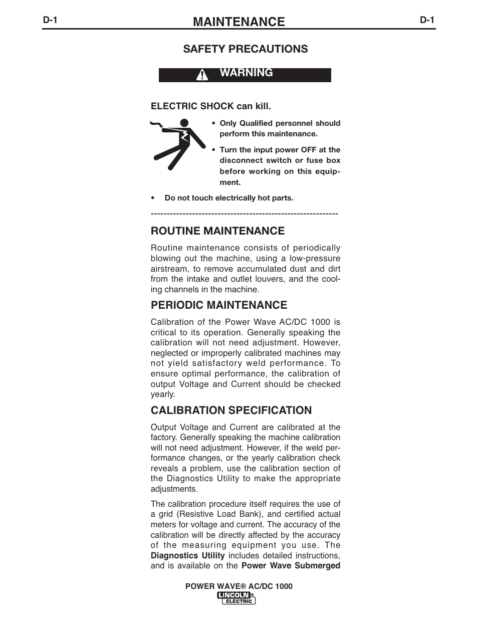 Maintenance, Safety precautions, Routine maintenance | Periodic maintenance, Calibration specification, Warning | Lincoln Electric IM848 POWER WAVE AC_DC 1000 User Manual | Page 51 / 74