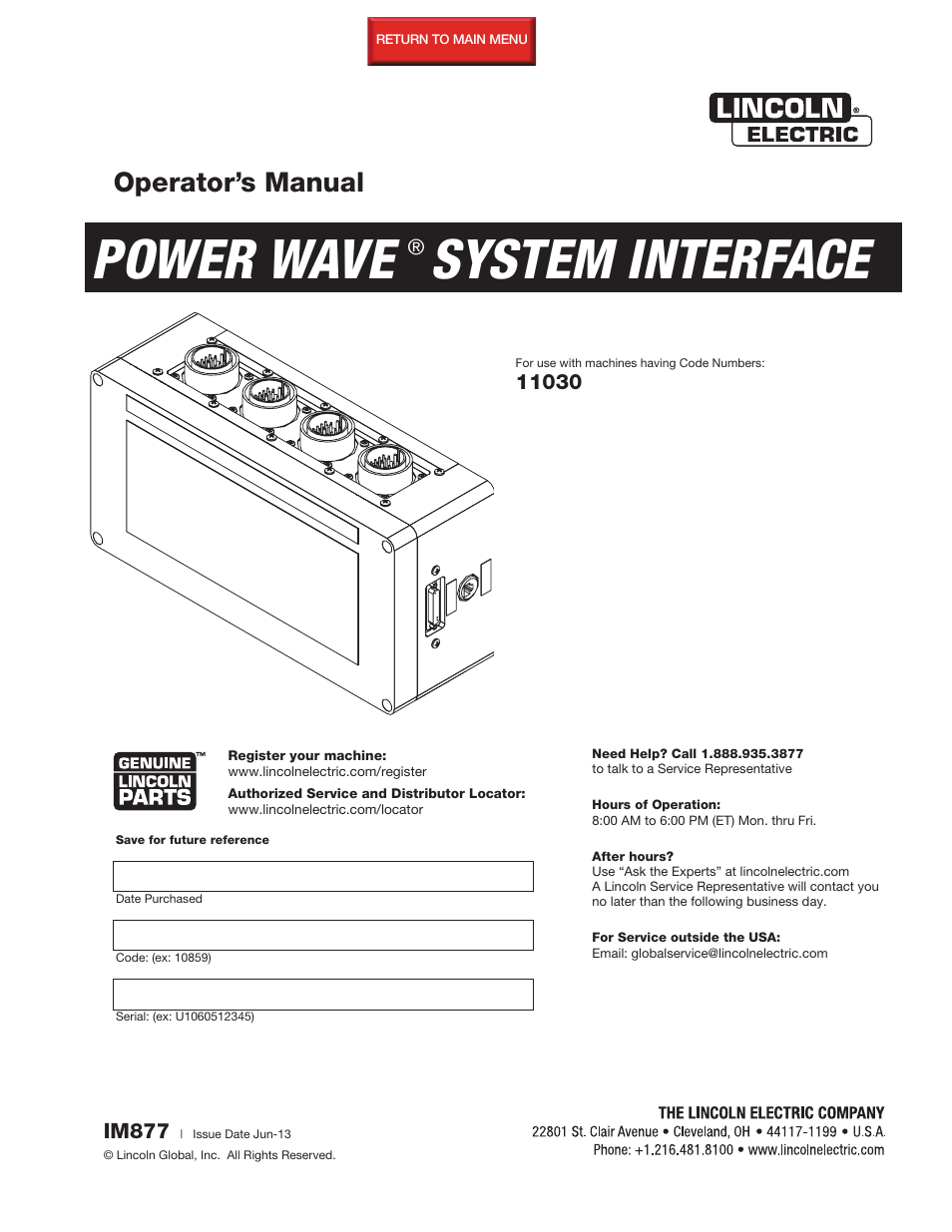 Lincoln Electric IM877 POWER WAVE SYSTEM INTERFACE User Manual | 19 pages