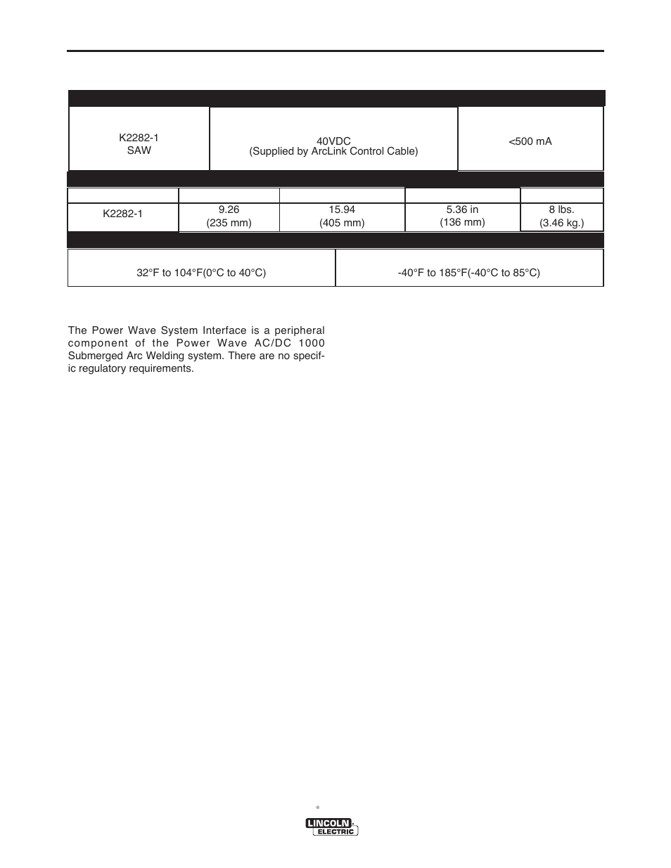 Specifications, Technical specifications -power source accessory | Lincoln Electric IM877 POWER WAVE SYSTEM INTERFACE User Manual | Page 9 / 19